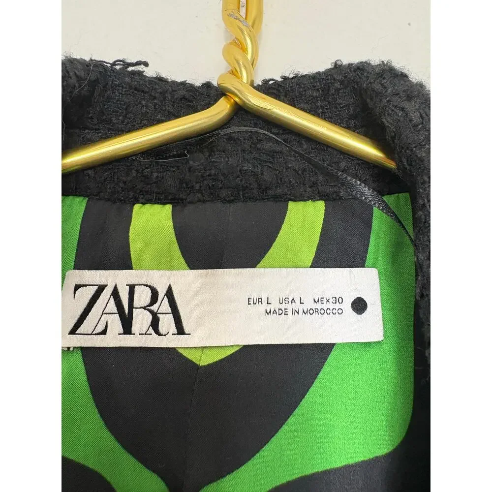 Zara Black Textured Tweed Blazer Size Large Oversized Chic Quiet Luxury Office